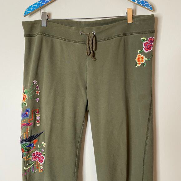 Y2K LUCKY BRAND Green Embroidered Floral Bird Drawstring Cotton Sweatpants Large - Picture 2 of 7